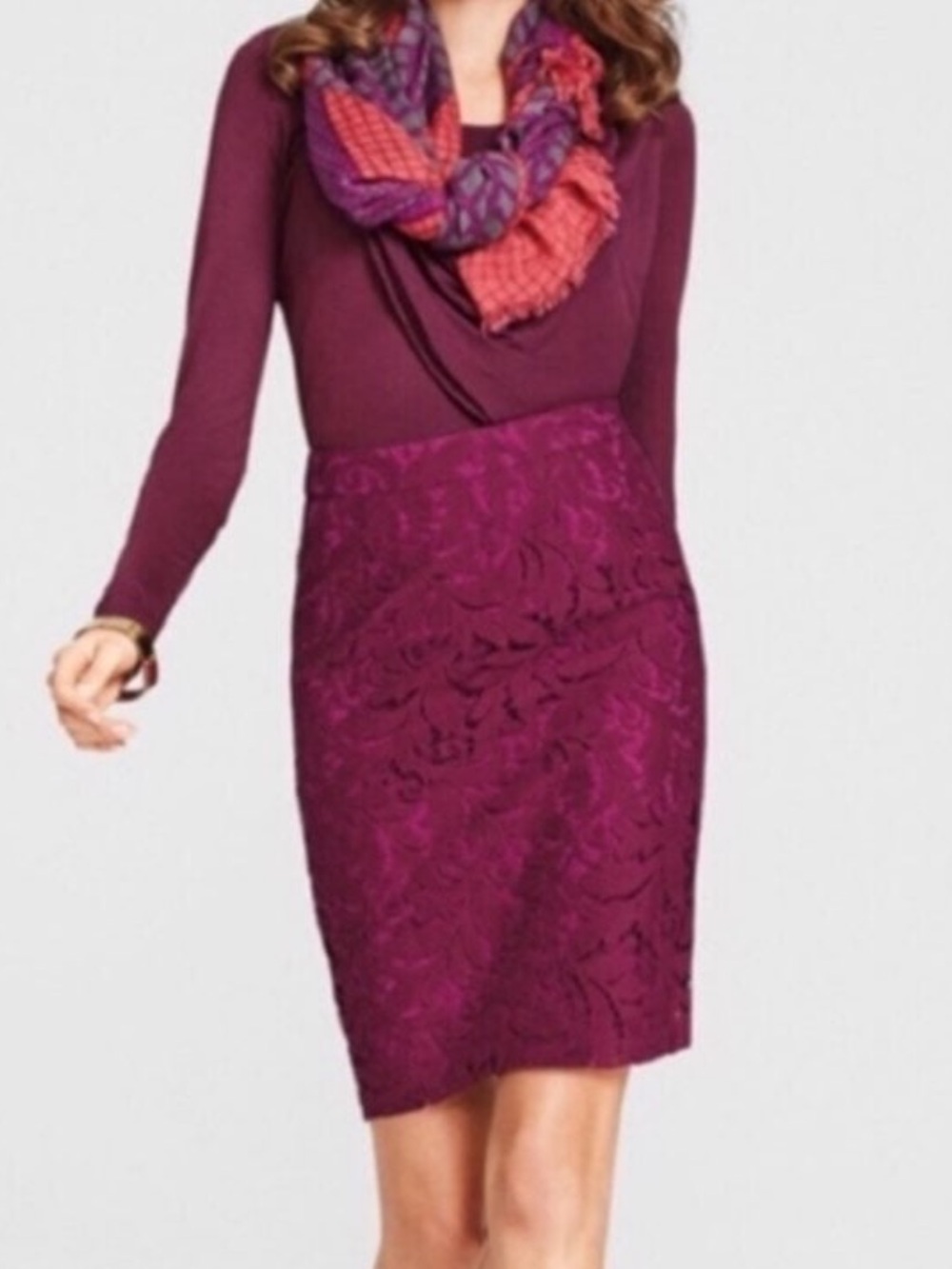 CAbi Frolic Lace Pencil Skirt in Plum